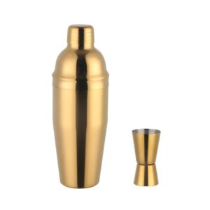 25oz stainless steel cocktail shaker color me martini shaker with built-in strainer and double measuring jigger drink shaker bar tools bartender kit for home bar or commercial use(2 piece)(gold)