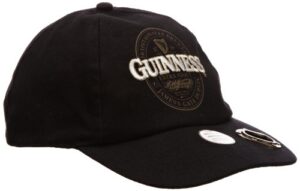 guinness baseball cap with extra stout bottle label print and bottle opener on peak, black colour (one size)…