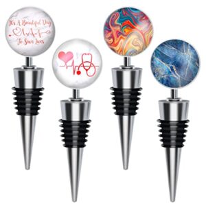 wine bottle stoppers, decorative cute wine stoppers, marble, nurse gifts, stainless steel, set of 4, for beverage, bar, holiday party, wedding