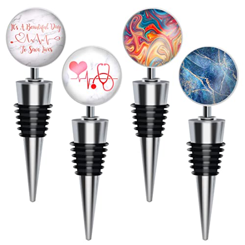 Wine Bottle Stoppers, Decorative Cute Wine Stoppers, Marble, Nurse Gifts, Stainless Steel, Set of 4, For Beverage, Bar, Holiday Party, Wedding