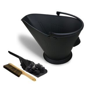 grisun fireplace ash bucket with shovel and hand broom, coal bucket, metal bucket, pellet bucket, and wood pellet container for charcoal wood, fire pits, burning stoves, indoor, and outdoor