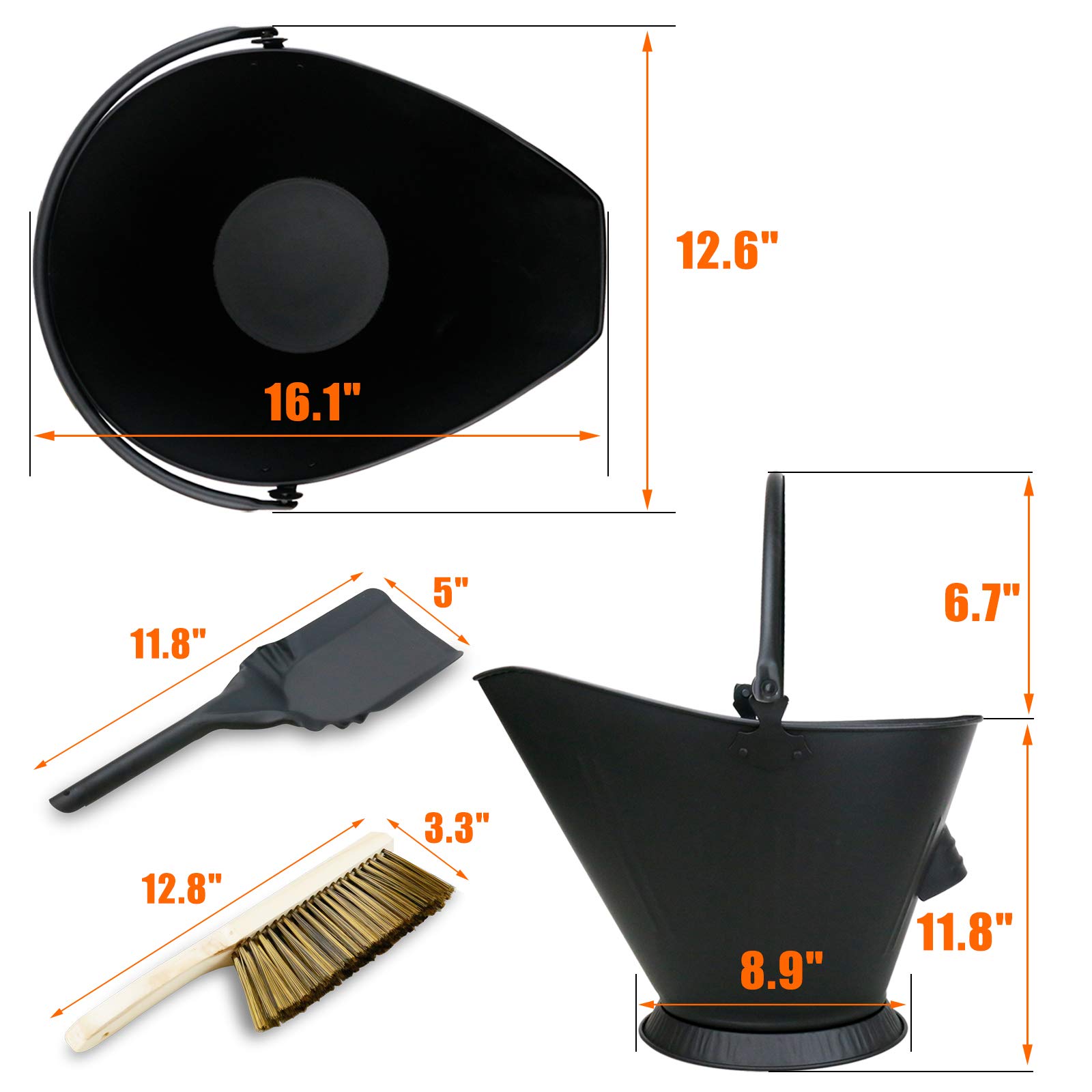 Grisun Fireplace Ash Bucket with Shovel and Hand Broom, Coal Bucket, Metal Bucket, Pellet Bucket, and Wood Pellet Container for Charcoal Wood, Fire Pits, Burning Stoves, Indoor, and Outdoor