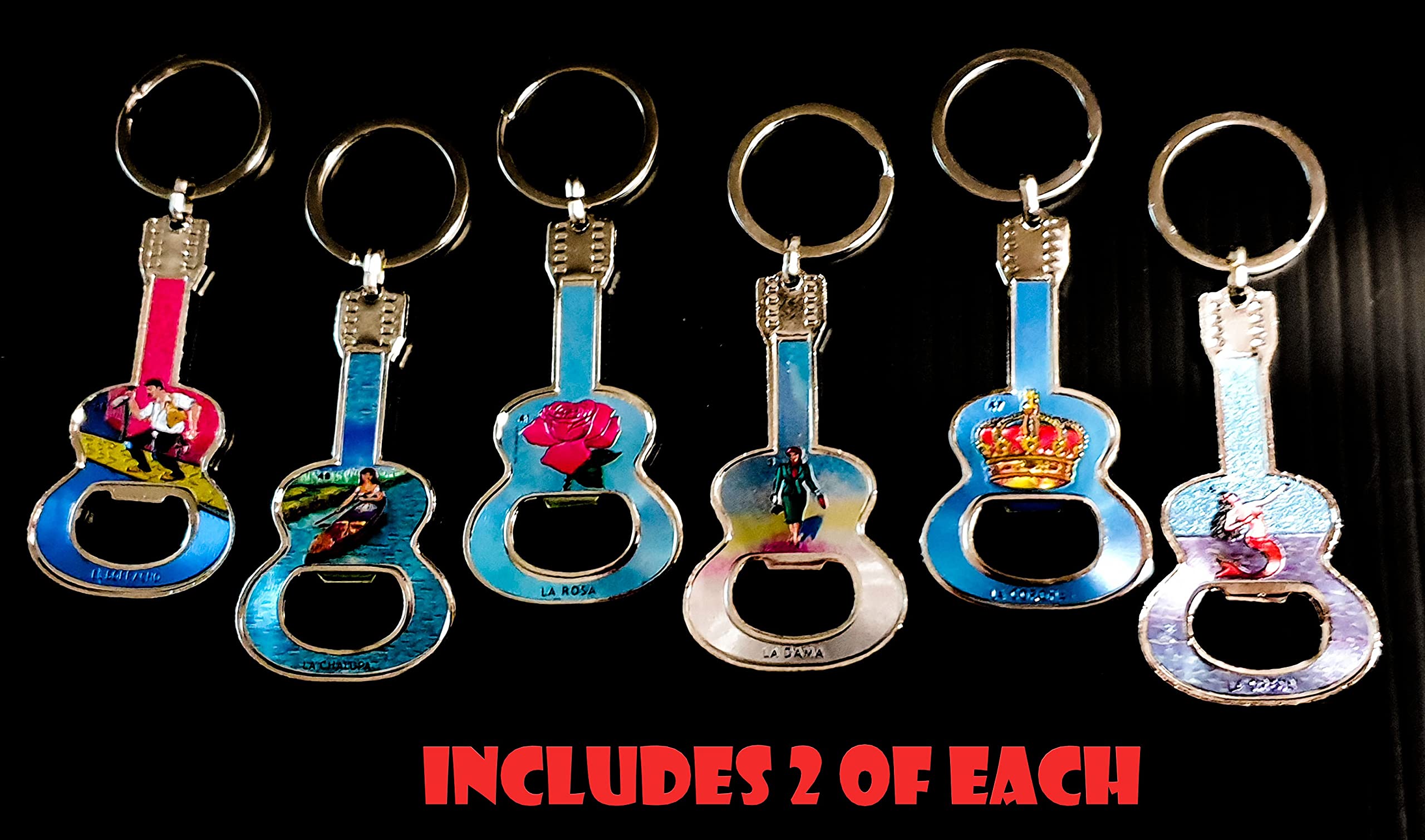 Arimex Mexican Loteria Guitar Keychain bottle opener party favor 12 pcs Assorted fun Mexican party favor For Cinco de mayo, Fiestas, Birthday Parties Bodas Quinceaneras Recuerdo Mexican novelty gifts