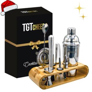 TGT CHEERS Cocktail Shaker Set with Stylish Bamboo Stand 11-pcs | Home Mixology Bartender Kit Gift Box | Cocktail Making Barware tool Set Mixer 25 oz Coctelera Perfect for Home Christmas Gift for him