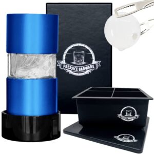 pressice barware ice ball press - effortlessly make giant 2.3" ice balls - includes aircraft grade aluminum ice press and ice mold - assembled in the us (ice press, blue)