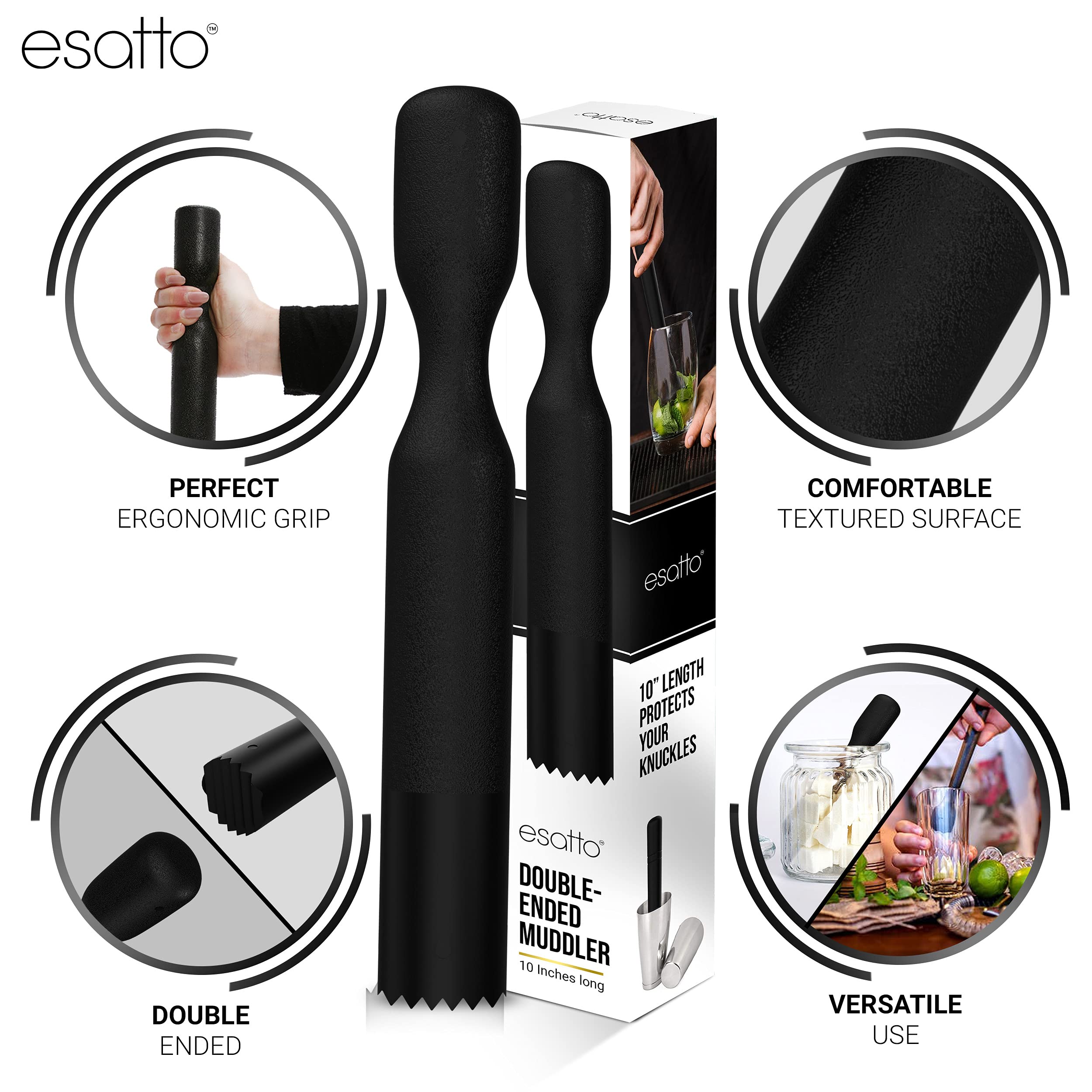 Esatto Professional Bar Tool Muddler 25 CM (10 Inches) Ribbed – Made with ABS Plastic – Durable and Ribbed for Mashing Fruits, Berries, Sugar, Spices, and Herbs (Black)