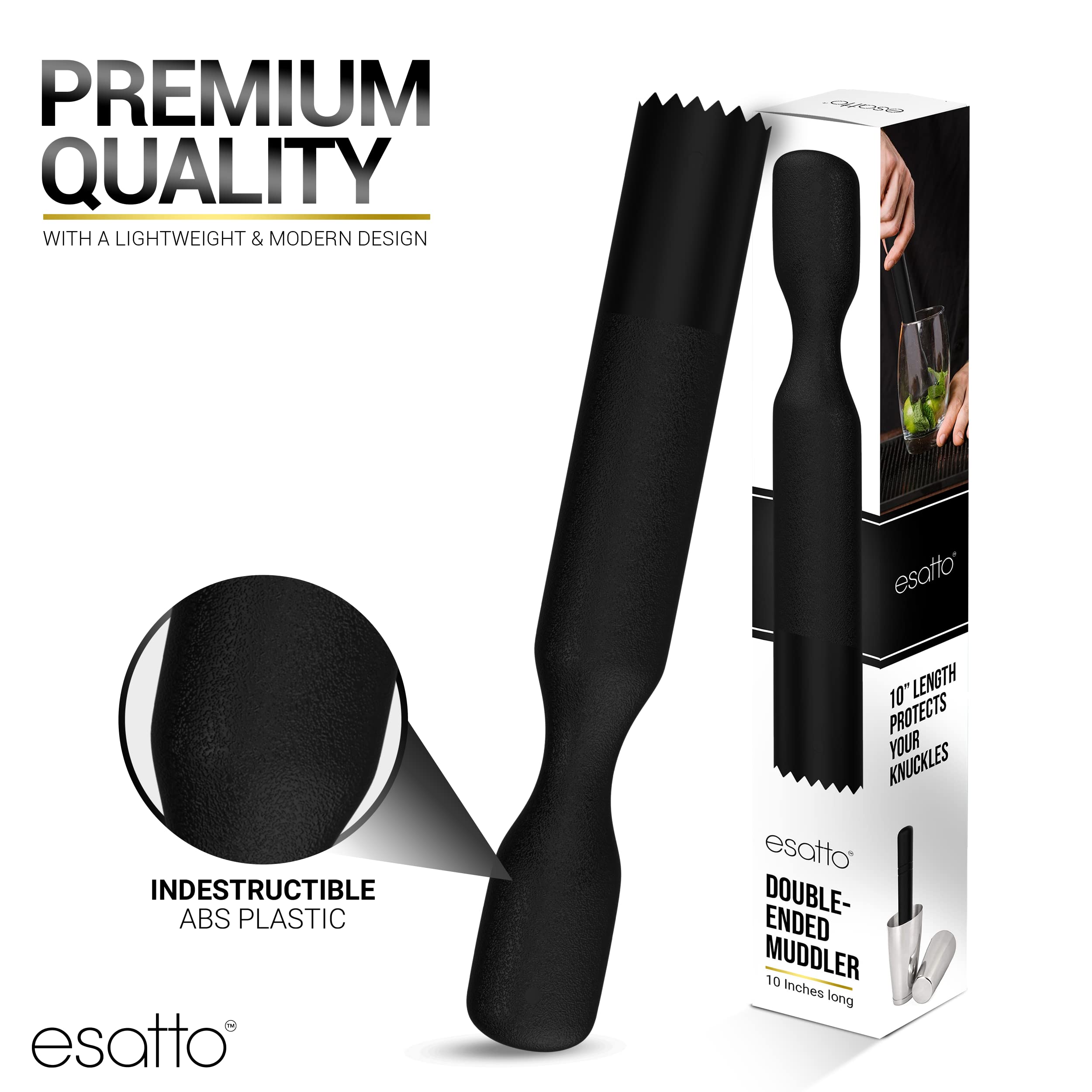 Esatto Professional Bar Tool Muddler 25 CM (10 Inches) Ribbed – Made with ABS Plastic – Durable and Ribbed for Mashing Fruits, Berries, Sugar, Spices, and Herbs (Black)