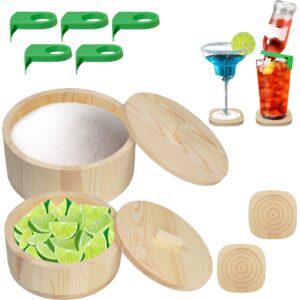 set of 2 wood margarita salt rimmer with 2pcs coasters and 5pcs plastic drink clips, laszola wooden salt bar sugar rimmer with lid for cocktails bottle buckle holders - bar accessories for home bar