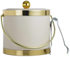 hand made in usa tiffany off white with dual gold bands double walled 3-quart insulated ice bucket with bonus ice tongs