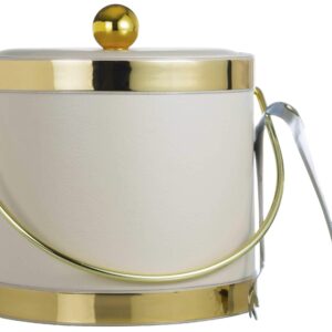 Hand Made In USA Tiffany Off White With Dual Gold Bands Double Walled 3-Quart Insulated Ice Bucket With Bonus Ice Tongs