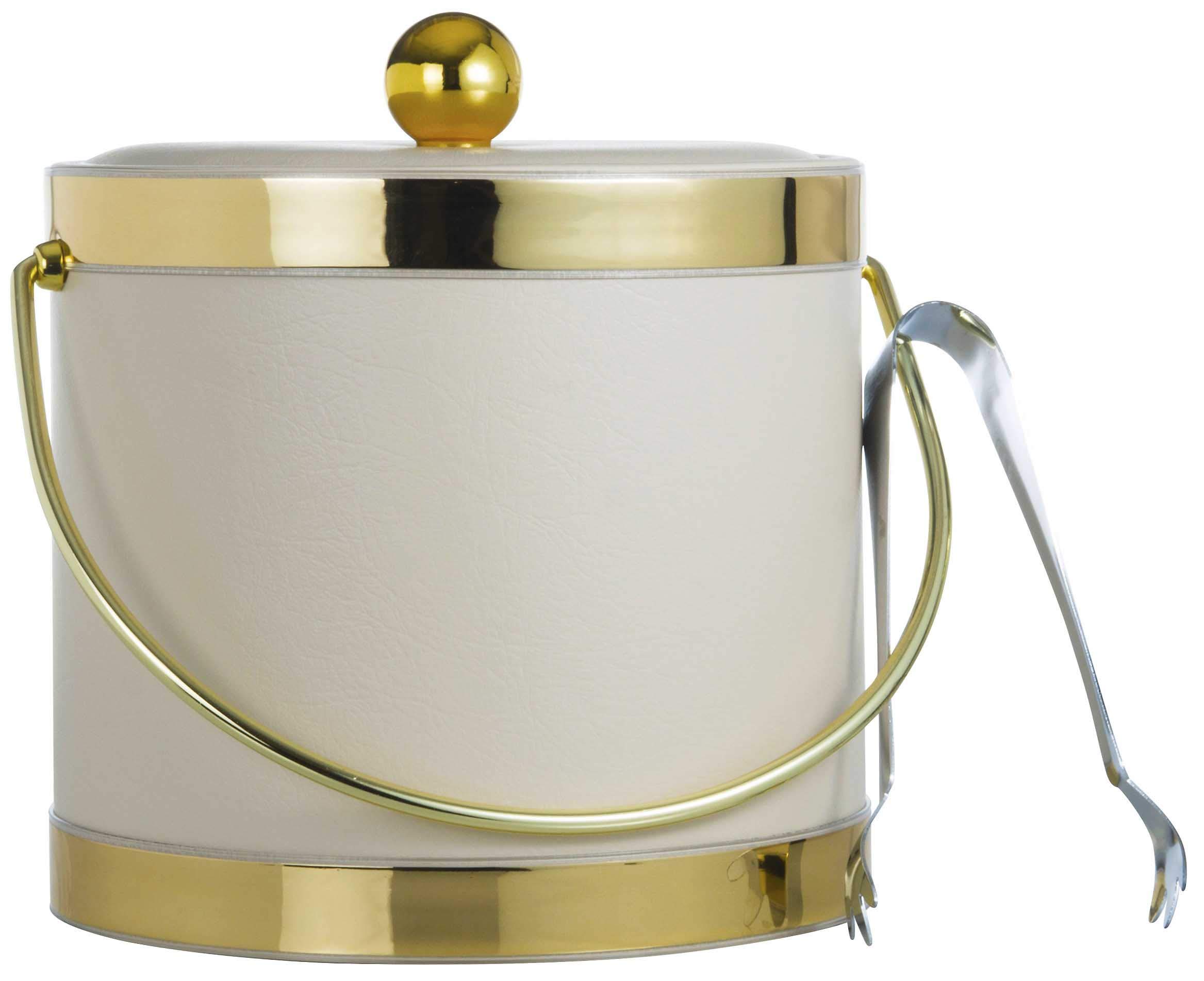 Hand Made In USA Tiffany Off White With Dual Gold Bands Double Walled 3-Quart Insulated Ice Bucket With Bonus Ice Tongs