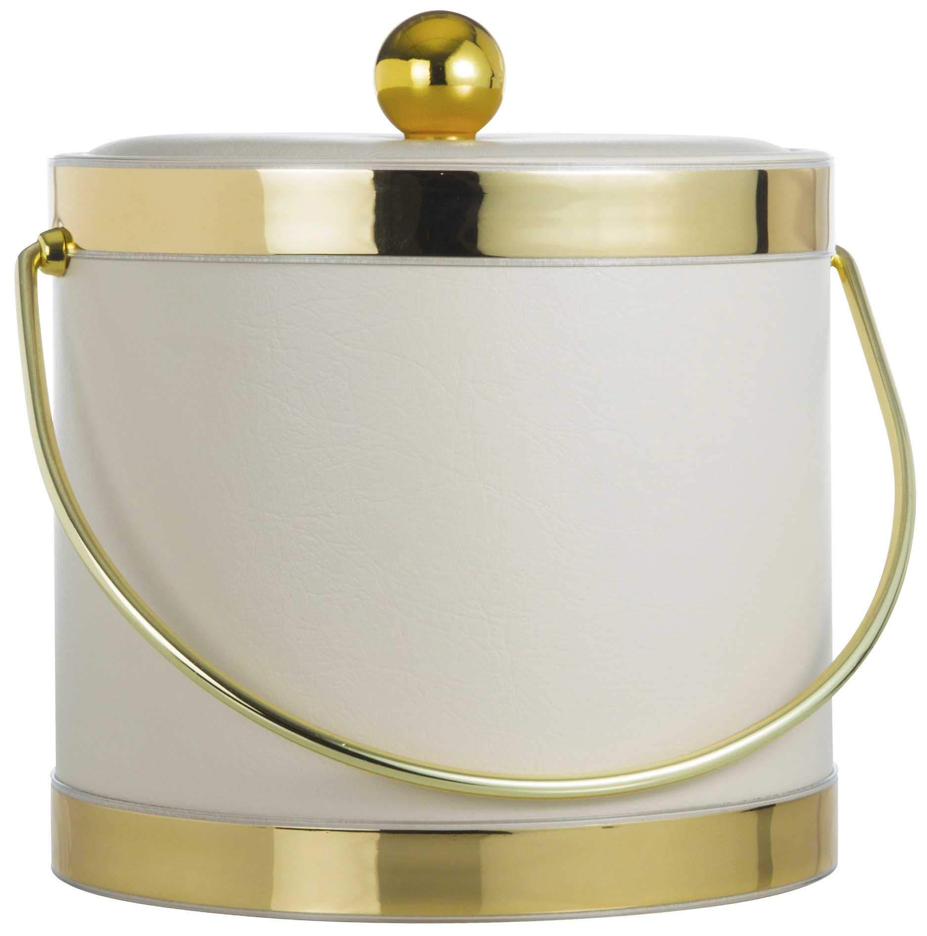 Hand Made In USA Tiffany Off White With Dual Gold Bands Double Walled 3-Quart Insulated Ice Bucket With Bonus Ice Tongs