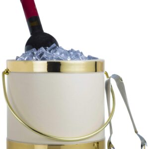 Hand Made In USA Tiffany Off White With Dual Gold Bands Double Walled 3-Quart Insulated Ice Bucket With Bonus Ice Tongs