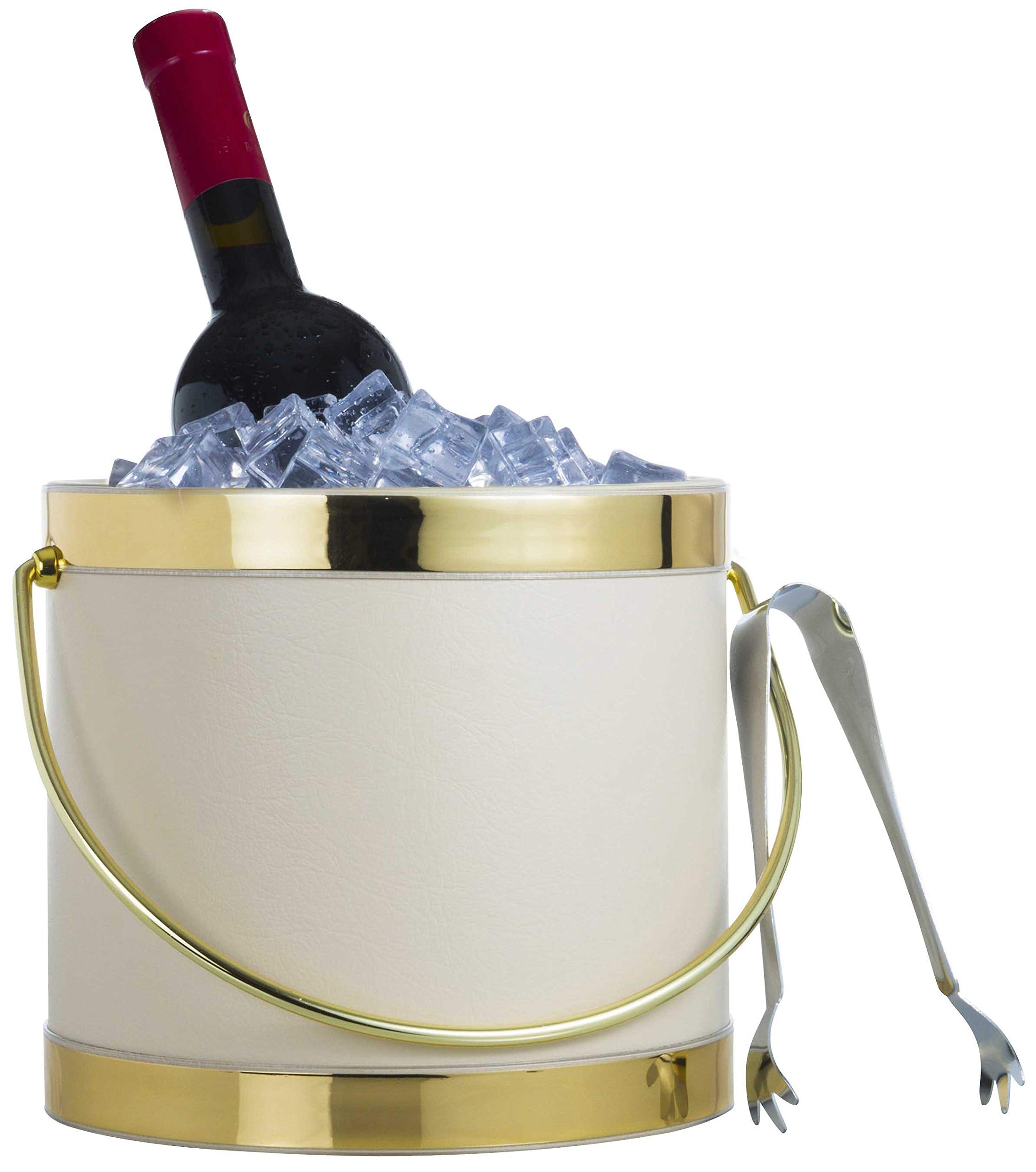 Hand Made In USA Tiffany Off White With Dual Gold Bands Double Walled 3-Quart Insulated Ice Bucket With Bonus Ice Tongs