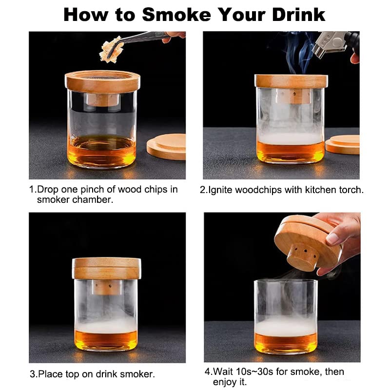 DUEBEL Cocktail Smoker Kit, Smoky Cocktail Lid with 4 Flavored Wood Chips and 1 Musket, Chimney Drink Smoker for Whiskey, Bourbon Old Fashioneds | Gift for Whiskey Lovers, Dad, Husband