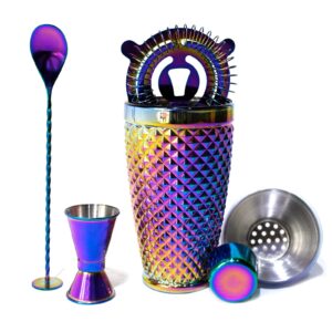 whatamug cocktail shaker set, electroplating colorful bartender kit with 12.8oz cocktail shaker mixing spoon double jigger and hawthorne strainers, bar accessories for professional bar and home bar