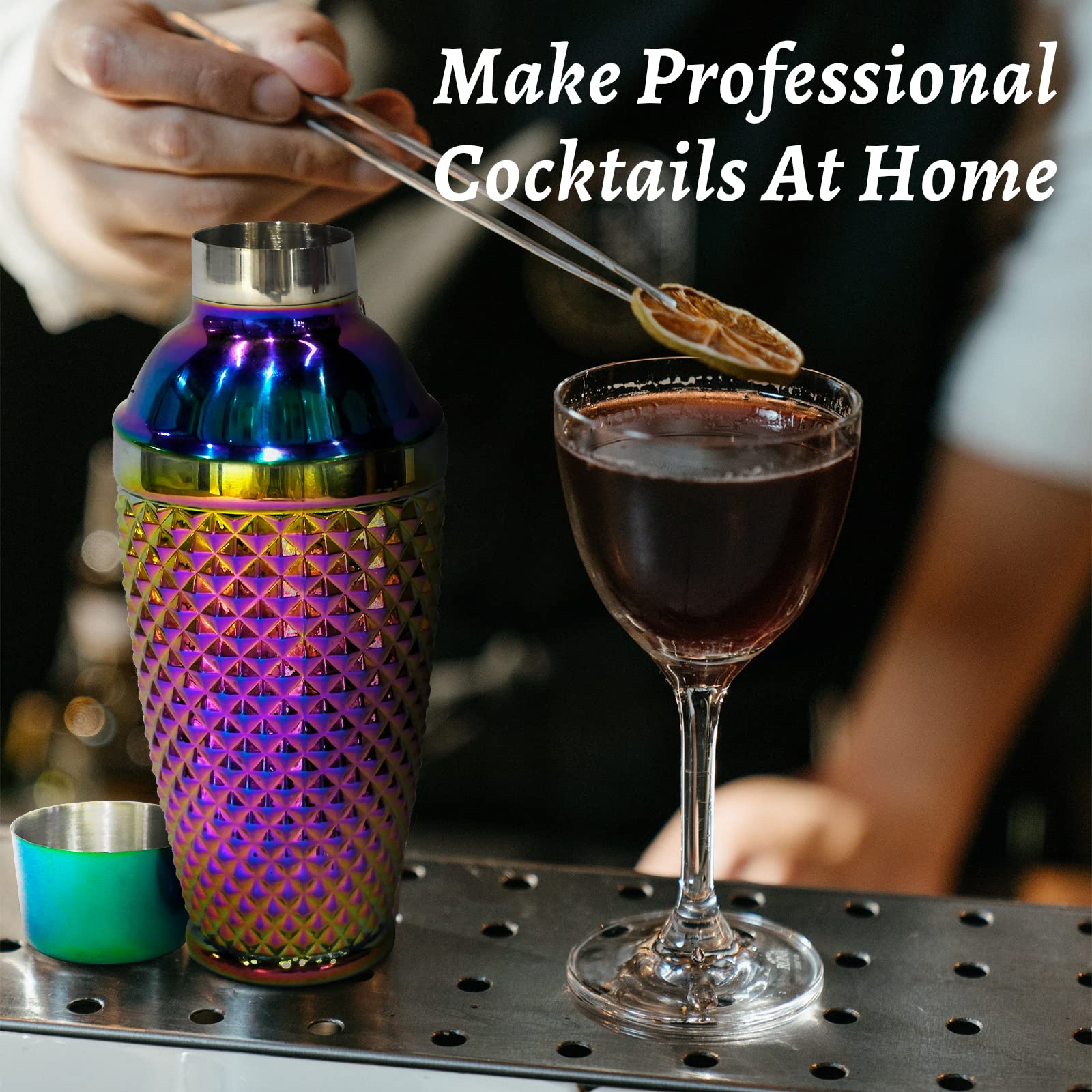 WhatAmug Cocktail Shaker Set, Electroplating Colorful Bartender Kit with 12.8OZ Cocktail Shaker Mixing Spoon Double Jigger and Hawthorne Strainers, Bar Accessories for Professional Bar and Home Bar