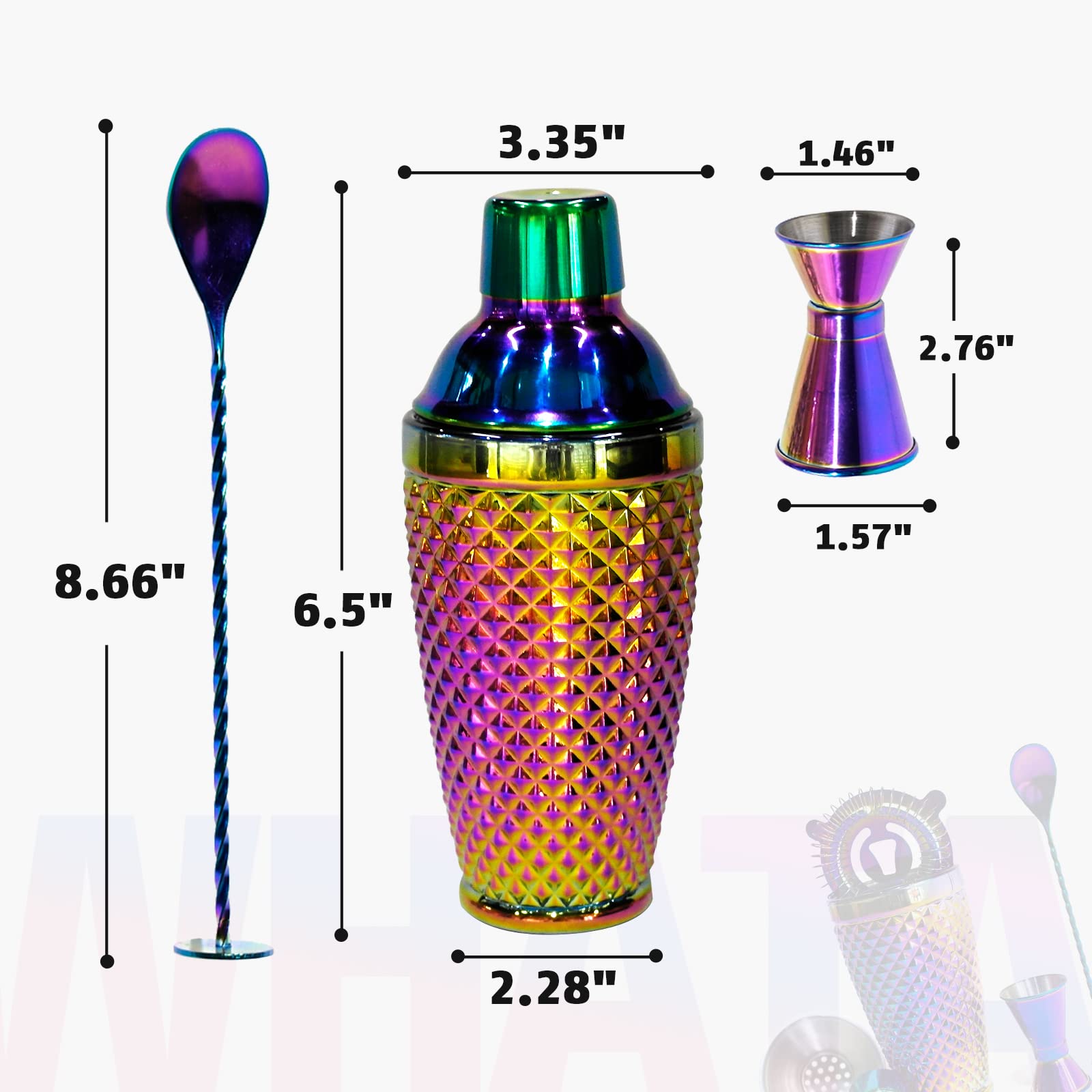 WhatAmug Cocktail Shaker Set, Electroplating Colorful Bartender Kit with 12.8OZ Cocktail Shaker Mixing Spoon Double Jigger and Hawthorne Strainers, Bar Accessories for Professional Bar and Home Bar