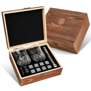whisky glass set for men, elegant whisky stones set included 8 granite whisky rocks chilling stones and 2 whisky glasses, nice gift for father’s day, valentine's day and anniversary