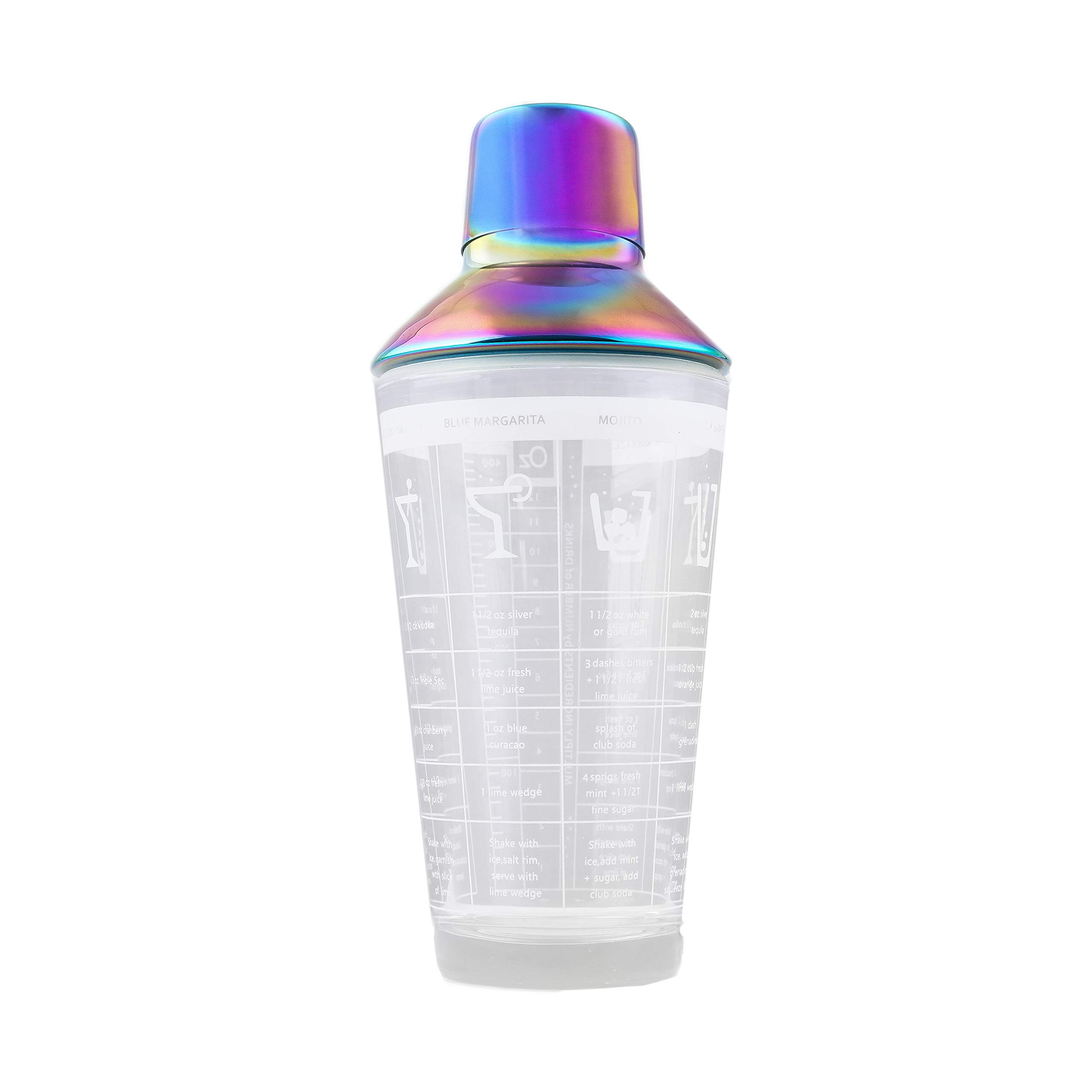 Cambridge Silversmiths Glass Cocktail Shaker Printed Finish Leak-Proof Lid, Rainbow with Recipes