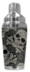 mugzie "paisley skulls" cocktail shaker with insulated wetsuit cover, 16 oz, black