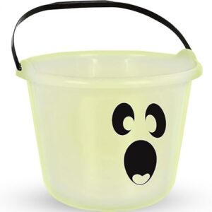 glow-in-the-dark ghost plastic pail - 7" x 8.625" (1 count) - spooky halloween candy bucket, luminescent trick-or-treat bag, fun & durable design for kids