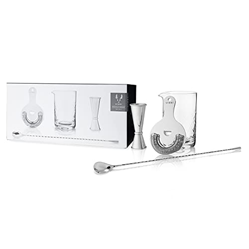 Viski Stainless Steel Bartender Set 4pcs Kit, Drink Mixers for Cocktails Gift Essentials: Mixing Glass, Hawthorne Strainer, Double Jigger and Barspoon, Silver