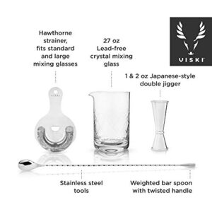 Viski Stainless Steel Bartender Set 4pcs Kit, Drink Mixers for Cocktails Gift Essentials: Mixing Glass, Hawthorne Strainer, Double Jigger and Barspoon, Silver