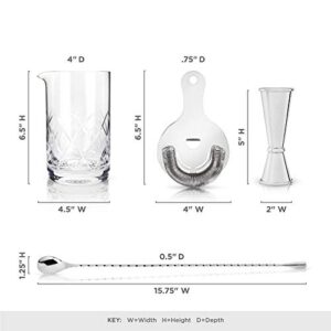 Viski Stainless Steel Bartender Set 4pcs Kit, Drink Mixers for Cocktails Gift Essentials: Mixing Glass, Hawthorne Strainer, Double Jigger and Barspoon, Silver