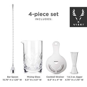 Viski Stainless Steel Bartender Set 4pcs Kit, Drink Mixers for Cocktails Gift Essentials: Mixing Glass, Hawthorne Strainer, Double Jigger and Barspoon, Silver