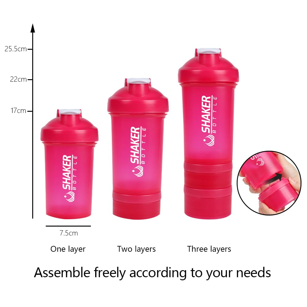 VECH Protein Shaker Bottles 16 OZ Sports Shaker Bottle with 2 Layer Separate Storange and Pill Tray Leakproof Portable Water Bottle Portable Pre Workout Bottle with Stainless Steel Mixing Ball (Pink)