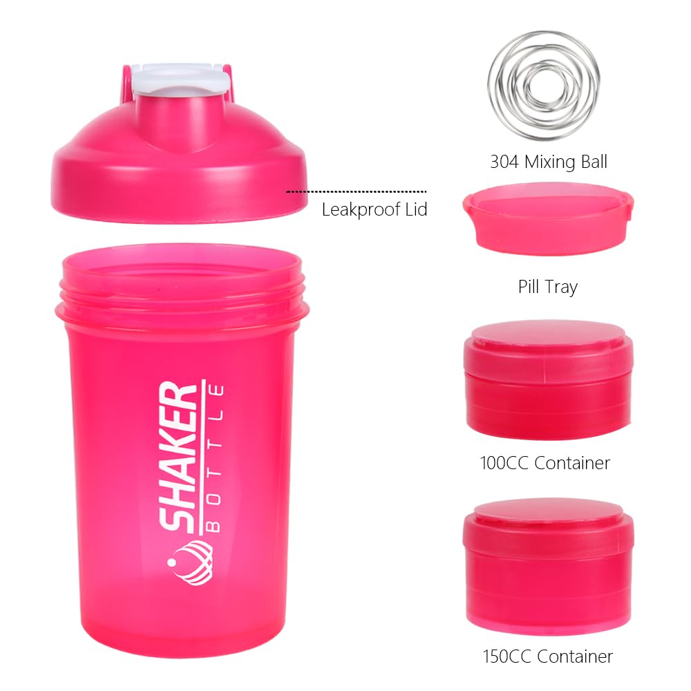 VECH Protein Shaker Bottles 16 OZ Sports Shaker Bottle with 2 Layer Separate Storange and Pill Tray Leakproof Portable Water Bottle Portable Pre Workout Bottle with Stainless Steel Mixing Ball (Pink)