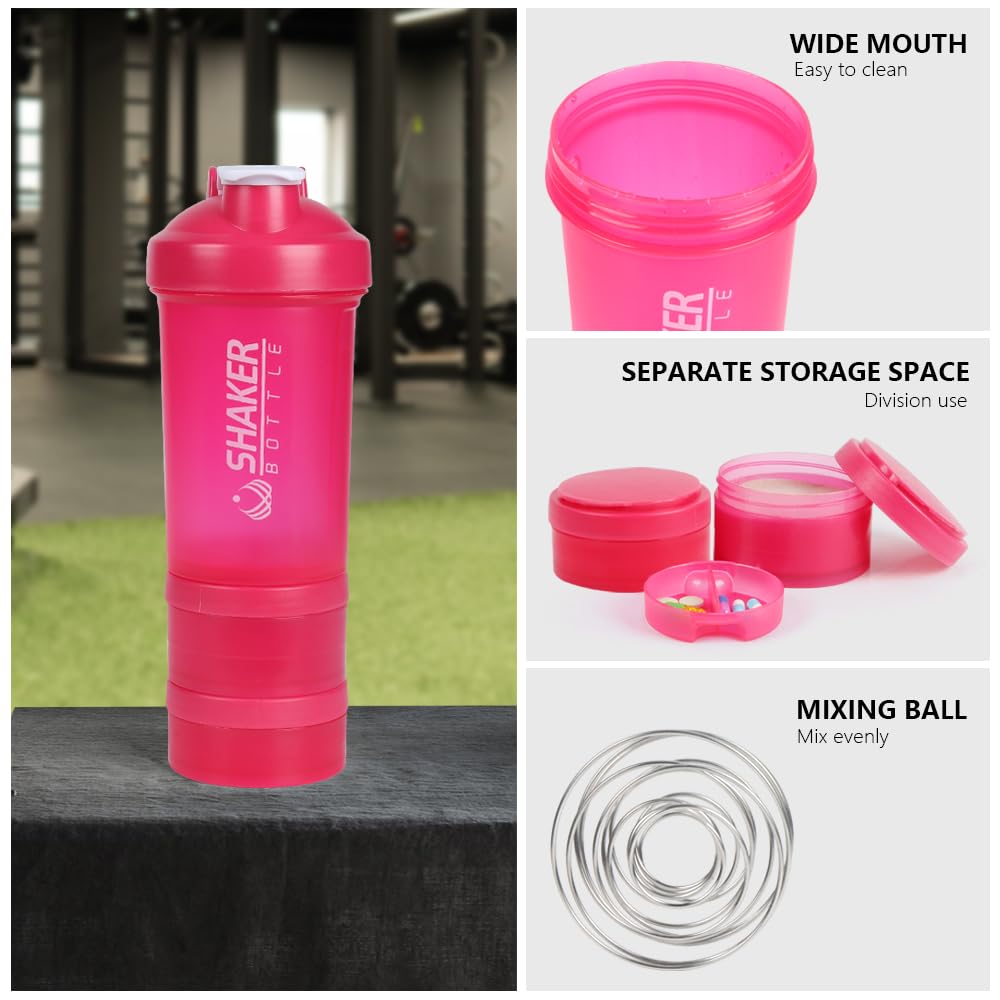 VECH Protein Shaker Bottles 16 OZ Sports Shaker Bottle with 2 Layer Separate Storange and Pill Tray Leakproof Portable Water Bottle Portable Pre Workout Bottle with Stainless Steel Mixing Ball (Pink)