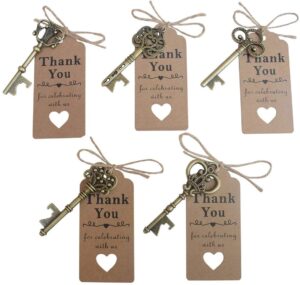 50 pcs bronze skeleton key beer bottle opener with 100 pcs thank you card and 98 feet hemp rope for wedding party favors (50pcs bronze)