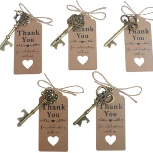 50 Pcs Bronze Skeleton Key Beer Bottle Opener With 100 Pcs Thank You Card and 98 Feet Hemp Rope for Wedding Party Favors (50pcs Bronze)