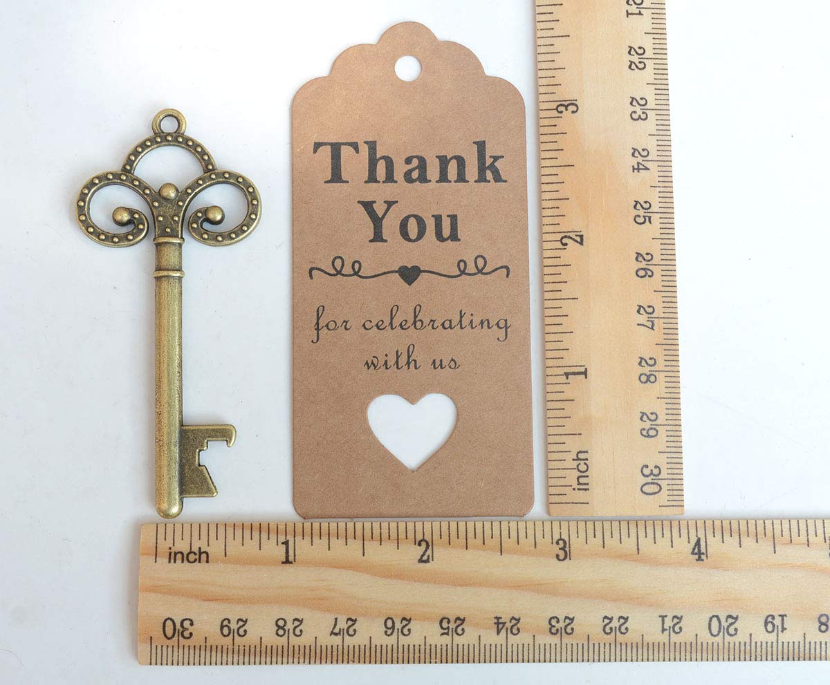 50 Pcs Bronze Skeleton Key Beer Bottle Opener With 100 Pcs Thank You Card and 98 Feet Hemp Rope for Wedding Party Favors (50pcs Bronze)