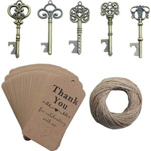 50 Pcs Bronze Skeleton Key Beer Bottle Opener With 100 Pcs Thank You Card and 98 Feet Hemp Rope for Wedding Party Favors (50pcs Bronze)