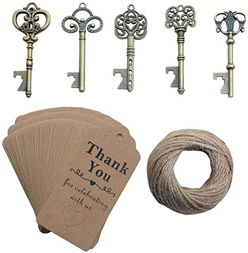 50 Pcs Bronze Skeleton Key Beer Bottle Opener With 100 Pcs Thank You Card and 98 Feet Hemp Rope for Wedding Party Favors (50pcs Bronze)