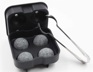 whiskey stones set include 4 large sphere granite whiskey rocks + silicone ice cube tray + stainless steel tong. large and reusable whiskey stone could chill your whiskey & beverage longer