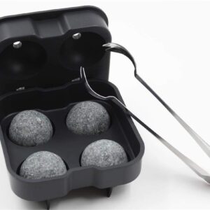 Whiskey Stones Set include 4 Large Sphere Granite Whiskey Rocks + Silicone Ice cube tray + Stainless Steel Tong. Large and Reusable whiskey stone could chill your Whiskey & Beverage longer