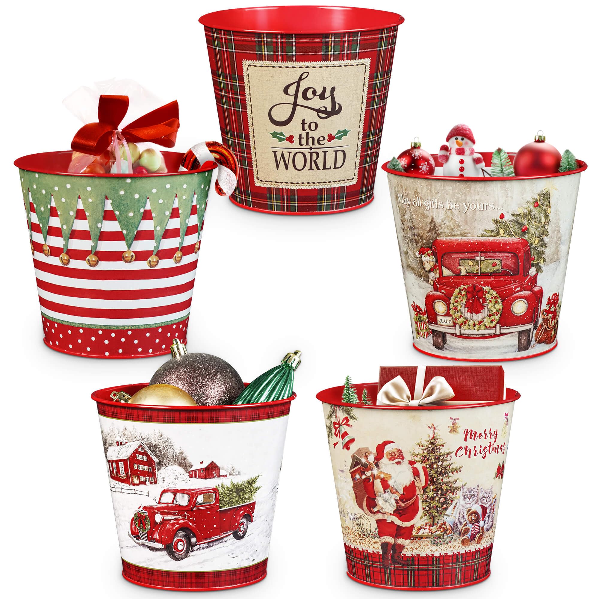 Putuo Decor Christmas Metal Buckets, 5 Pieces Christmas Metal Tin Ice Buckets, Christmas Decorations Galvanized Tin Bucket Pails for Party Home Table Centerpieces Decor 5.9" W x 5.3" H