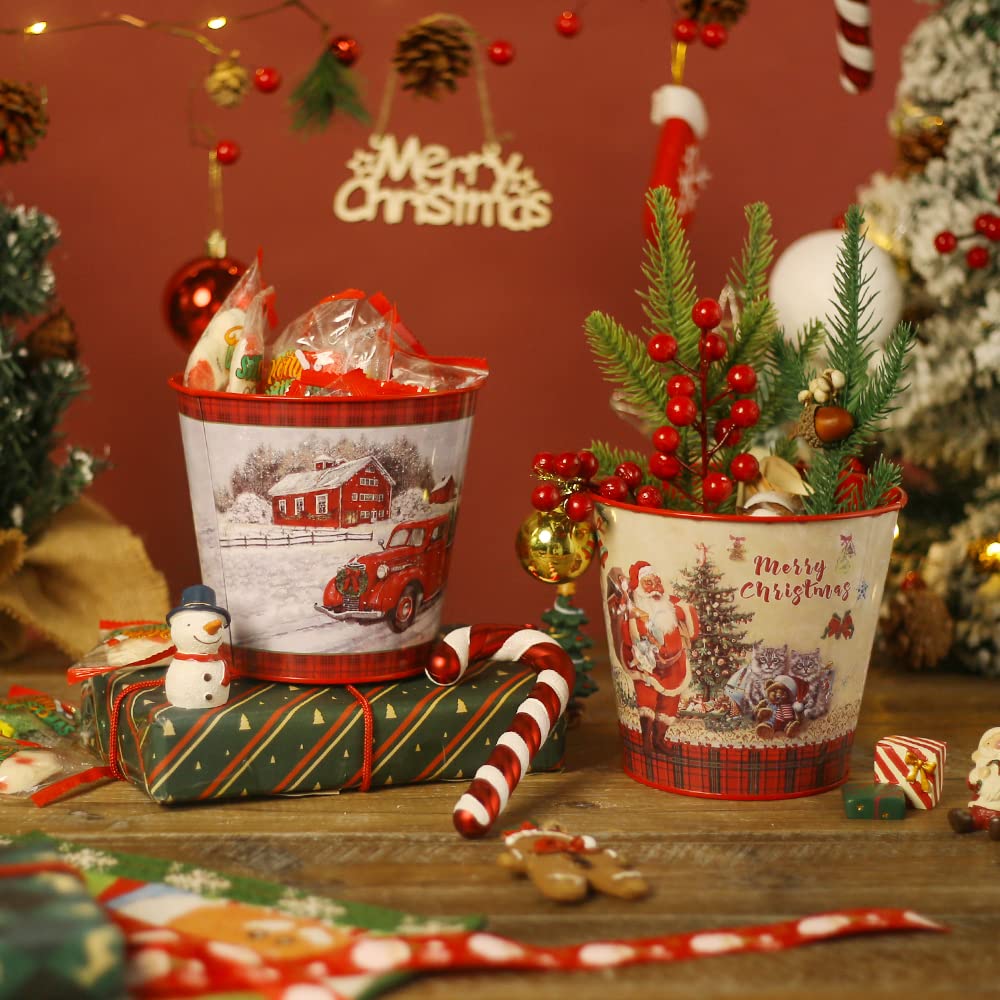 Putuo Decor Christmas Metal Buckets, 5 Pieces Christmas Metal Tin Ice Buckets, Christmas Decorations Galvanized Tin Bucket Pails for Party Home Table Centerpieces Decor 5.9" W x 5.3" H