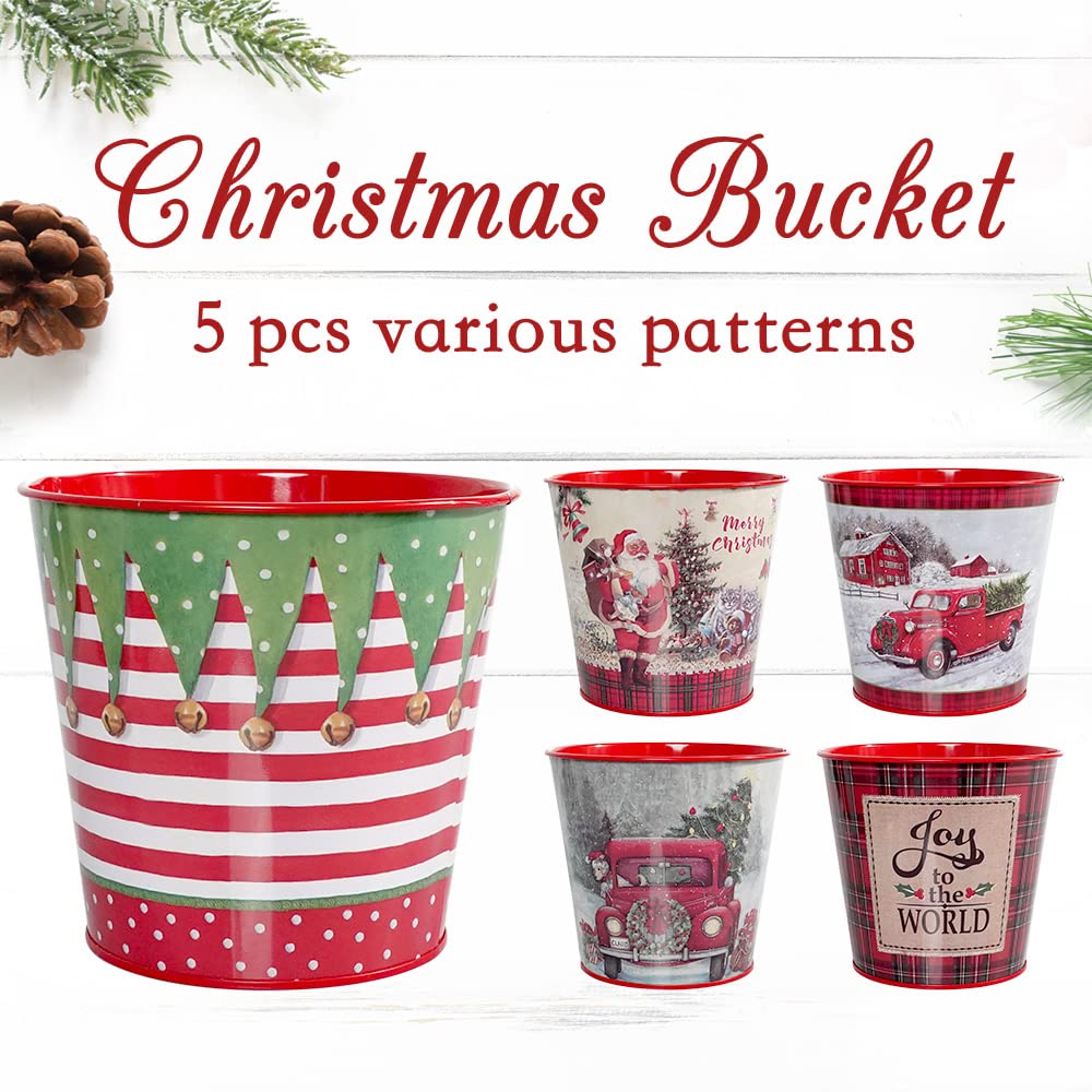 Putuo Decor Christmas Metal Buckets, 5 Pieces Christmas Metal Tin Ice Buckets, Christmas Decorations Galvanized Tin Bucket Pails for Party Home Table Centerpieces Decor 5.9" W x 5.3" H