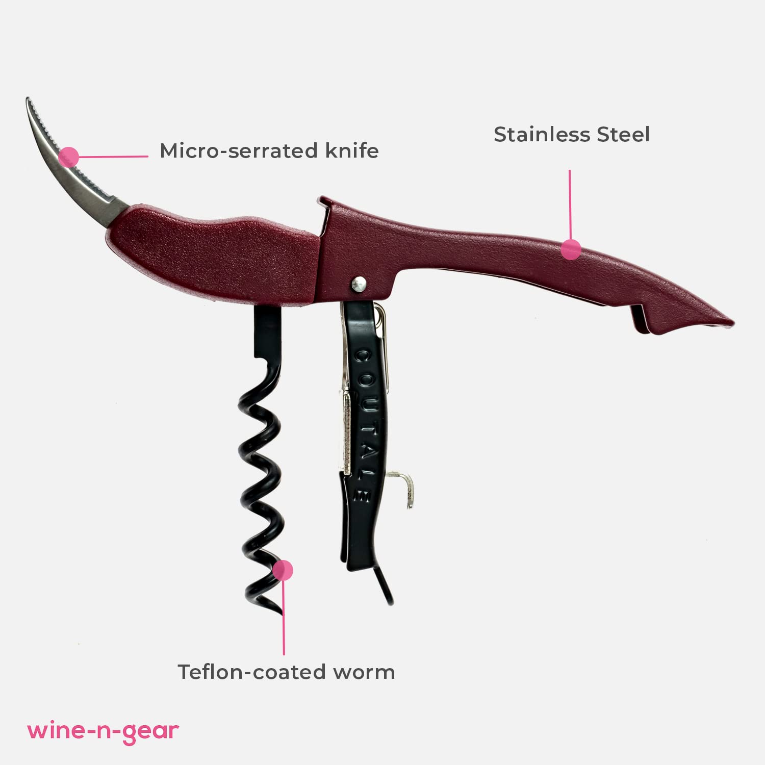 Le Coutale Waiters Corkscrew by Coutale Sommelier - Burgundy - Two-Step Lever Action for Smooth Cork Pull - Wine Bottle Opener for Bartenders and Gifts - Sharp Micro-Serrated Knife