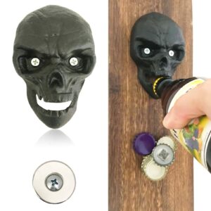 wodegift skull bottle opener, wall mounted cast iron with magnetic cap catcher bottle opener,wall mount bottle opener magnet (black)
