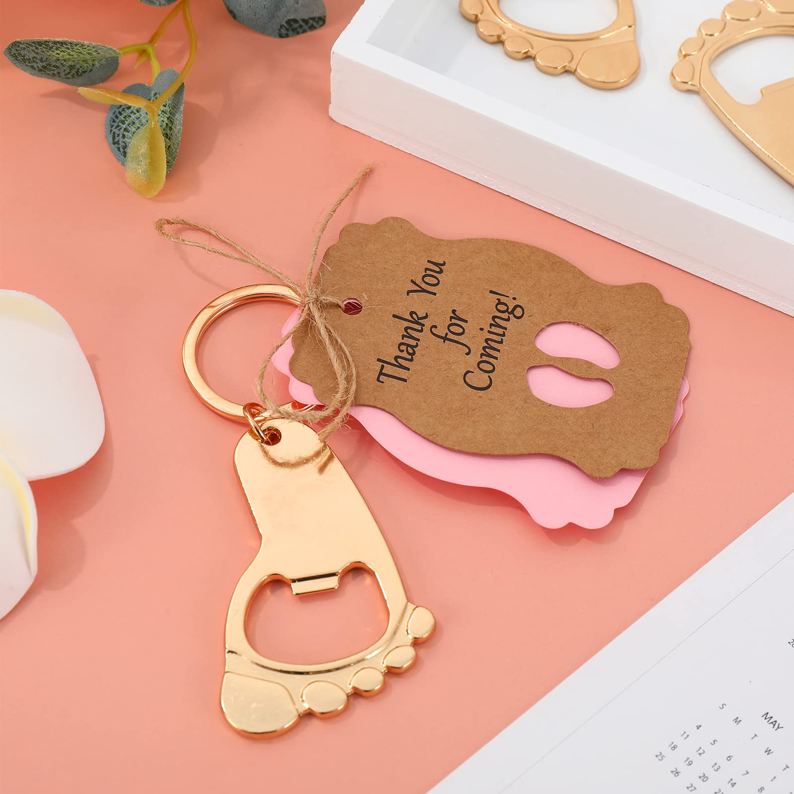 Whaline 50 Pieces Footprint Bottle Opener with Pink Organza Bags and Thank You Tags Pink Footprint Keychain Opener Baby Shower Favors for Guests Baby Birthday Party Favor Wedding Gift Decoration