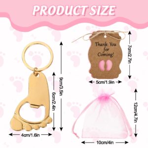 Whaline 50 Pieces Footprint Bottle Opener with Pink Organza Bags and Thank You Tags Pink Footprint Keychain Opener Baby Shower Favors for Guests Baby Birthday Party Favor Wedding Gift Decoration