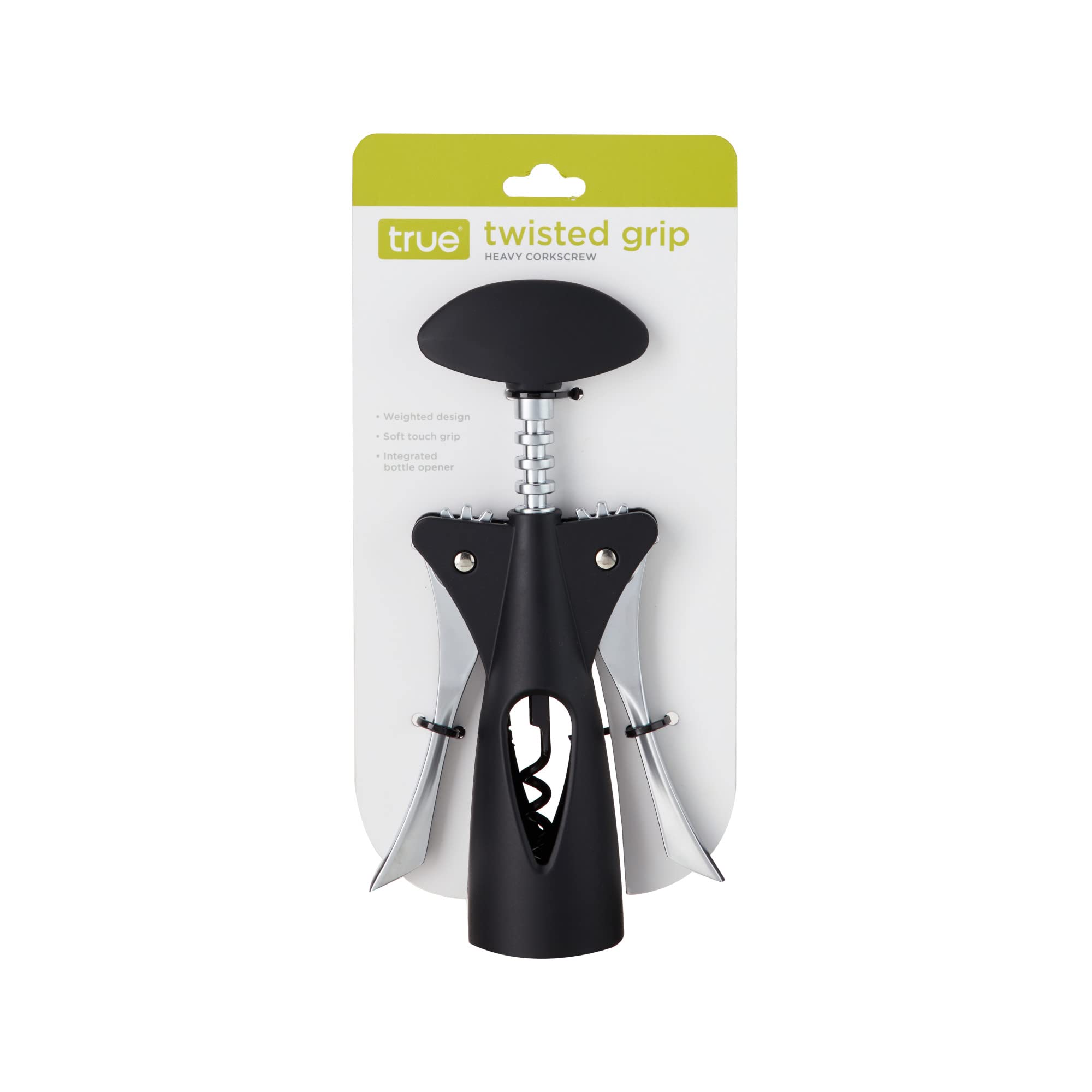 True Twisted Heavy, Winged Corkscrew Lever Arms Bottle, Black, Soft-Touch Grip, Easy-to-Use Wine Opener, Set of 1