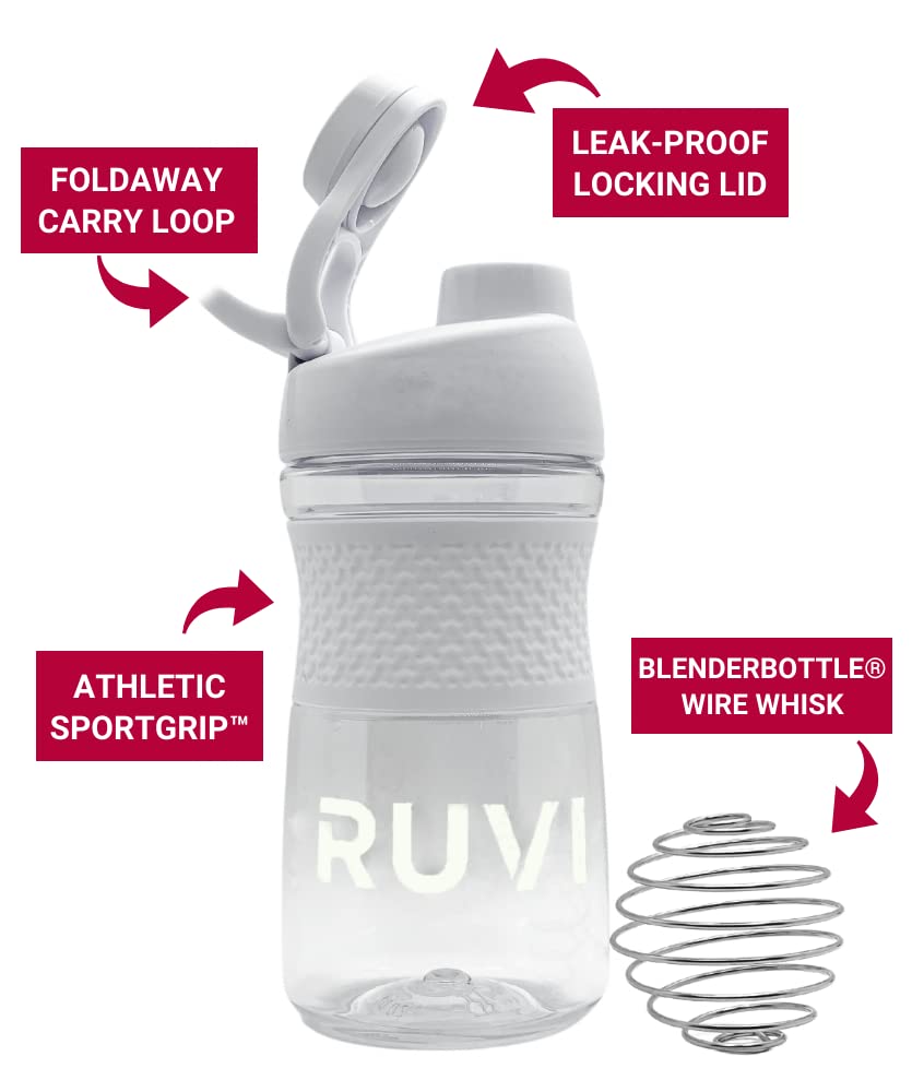 RUVI Shaker Bottle Sport Mixer | Perfect for Blended Smoothies, Protein Powder Shakes & Mixes | Workout Container with Athletic SportGrip™ | No-Spill, Twistable Cap | 20 oz, Clear