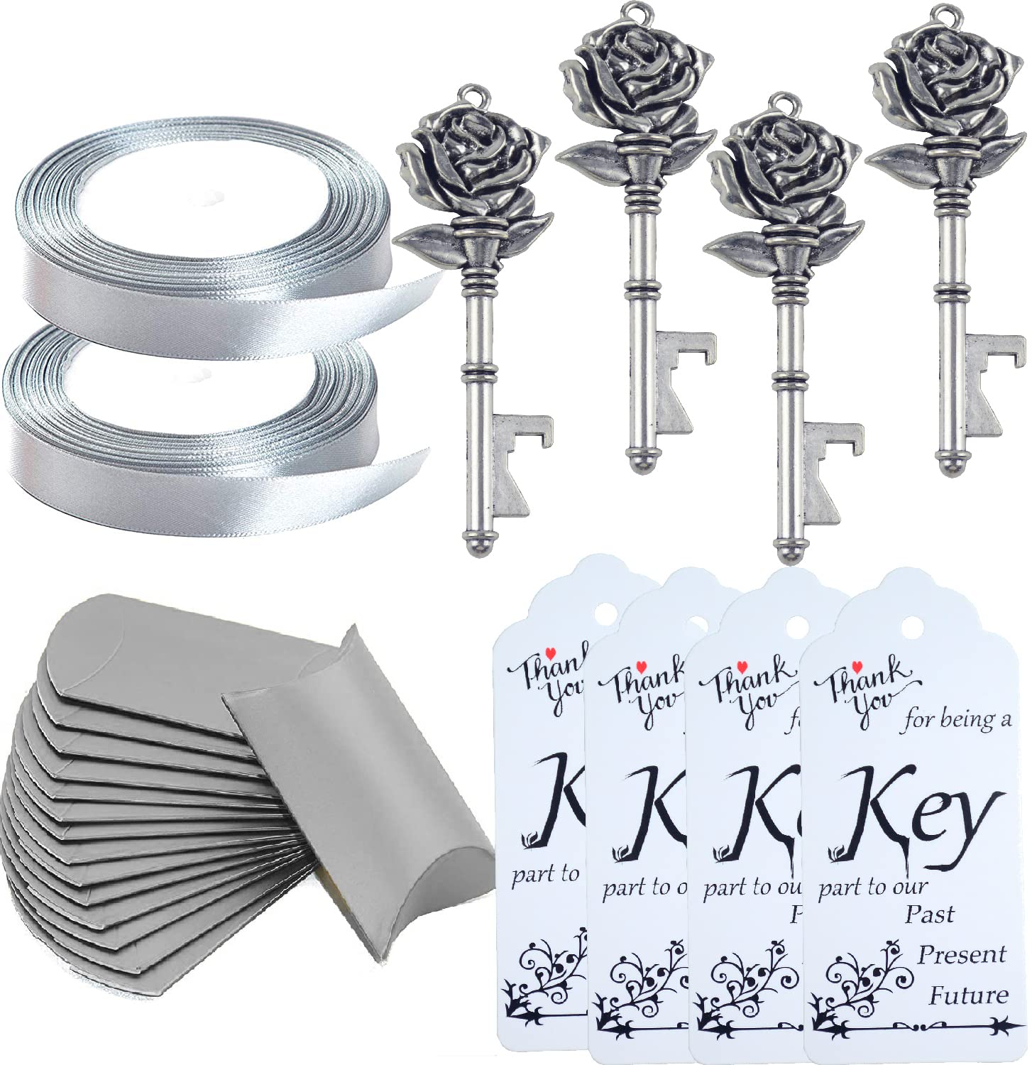 Makhry 50pcs Skeleton Key Bottle Opener Wedding Favors with Thank You Gifts Tags and Ribbon for Guests Rustic Wedding Party Decorations (Silver)